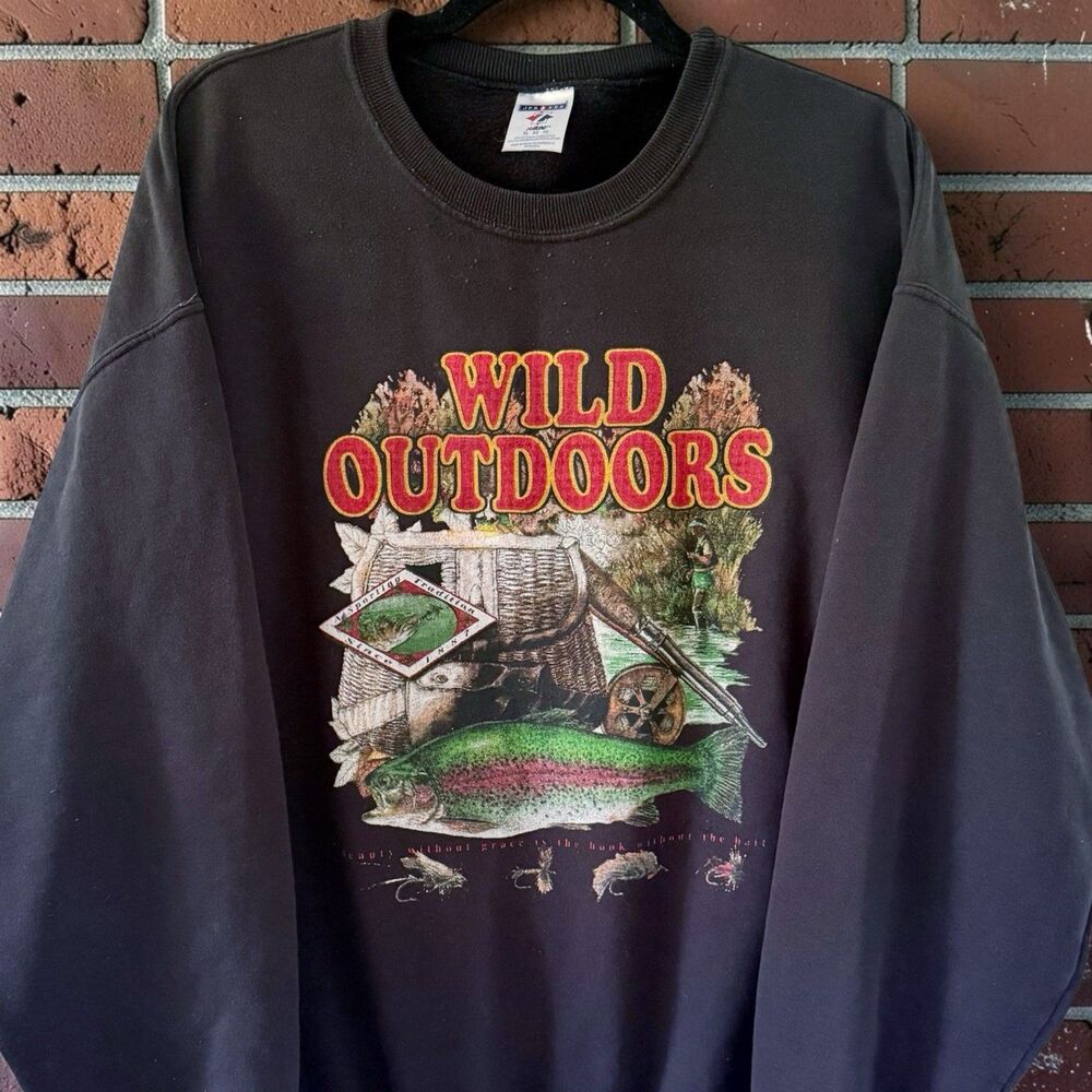 Vintage Wild Outdoors Hunting Fish Sportsman Outdoorsman Sweatshirt XL Black